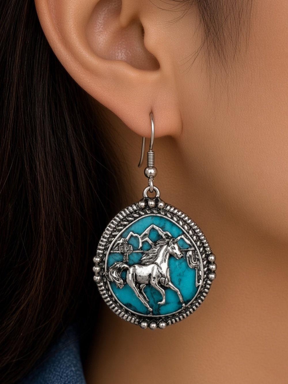 🌵 Western Turquoise Horse Dangle Earrings Cowgirl Boho Round Drop